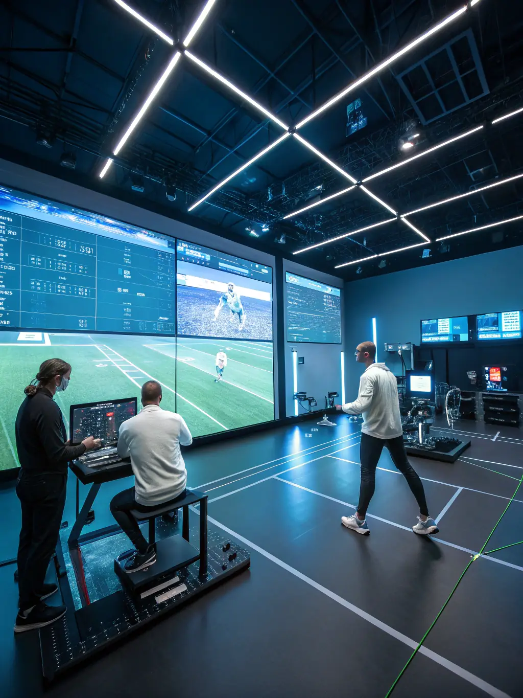 A sports scientist from Xingkong Comprehensive App Official Website Login analyzing tactical data on multiple screens, showcasing AI-generated heatmaps and performance metrics for extreme sports.