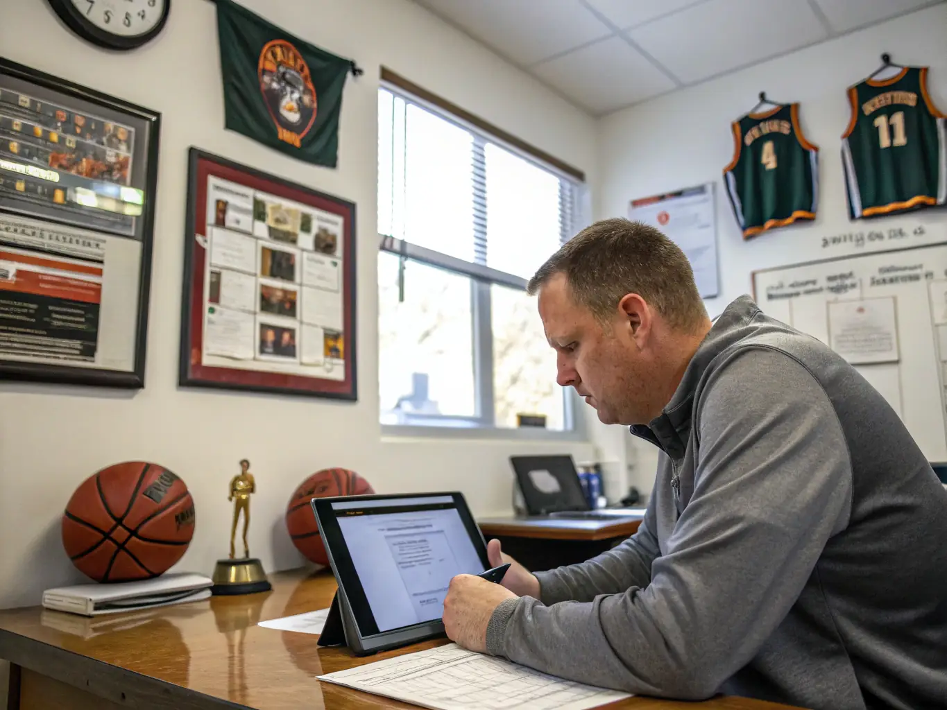 An image depicting a coach using a tablet to review AI-generated tactical analysis during a basketball game, with data overlays showing player movements and performance metrics. The scene should convey a sense of technological empowerment and strategic advantage.
